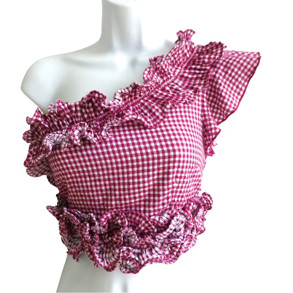 Lovers and Friends Ballard Ruffle Crop Top One Shoulder Red White Gingham Zip XS